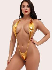 女士性感连体内衣深 V 露背三点式连体衣 - 金色 - 查看 4