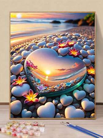 1 set 40*50CM Kits de pintura al óleo digital DIY sin marco - Tema playa en forma de corazón, decoración para sala de estar y dormitorio, regalo para vacaciones y cumpleaños