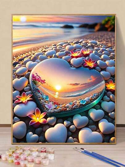 1 set 40*50CM Kits de pintura al óleo digital DIY sin marco - Tema playa en forma de corazón, decoración para sala de estar y dormitorio, regalo para vacaciones y cumpleaños