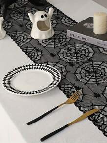 1pc Zwart Kanten Overlay Tafelblad Collectie Gotisch Halloween Decor, Spooky Spider Web Ghoul Handtafelkleed Voor Keuken- en Eetkamerdecoratie, Halloweenfeest en Seizoensgebonden Huisdecoratie