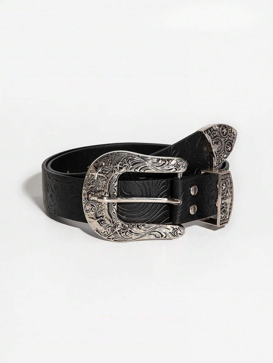 1 pièce Ceinture en jean vintage avec boucle de ceinture de style western gaufrée pour femmes, convient pour les tenues de festivals de musique en été, l'école à l'automne, l'automne et Halloween