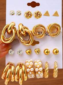 12pcs Fashionable And Simplified Faux Pearl & Rhinestone & Oil Drop Detail Geometric Metallic Earrings For Women's Holiday, Party And Daily Wear - One size fits all - View 17