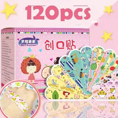 120片可爱卡通创可贴：防水透气自粘纸，急救包装饰贴纸