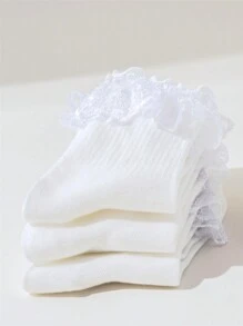 1/4 pares/set Calcetines con volantes de tripulación de color blanco liso, cómodos, con diseño de encaje y ribete para mujeres