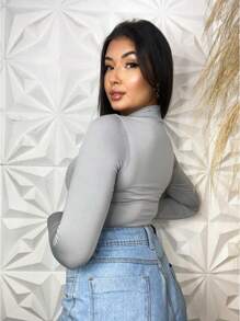 Women's Bodysuit Long Sleeve High Collar Basic Leotard - Xám - Xem 3