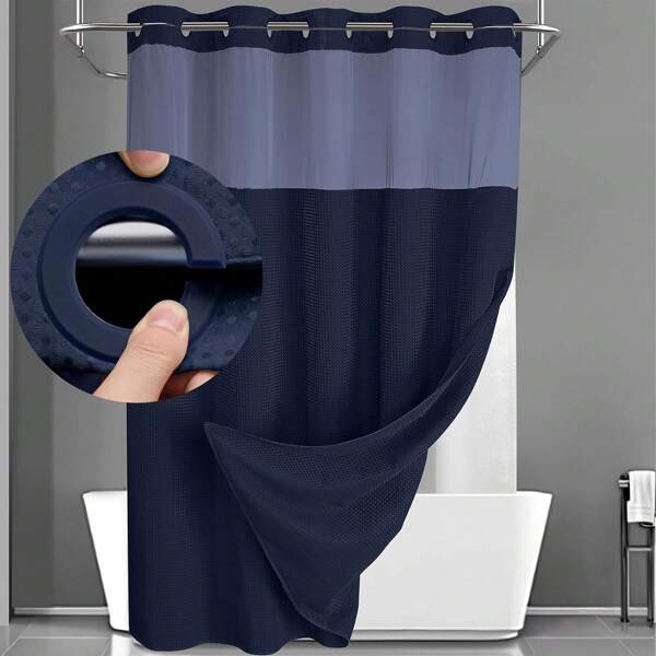 1PC Waffle Double Woven Shower Curtain, No Hook, Clear Top Window Hookless Shower Curtain With Snap Lined Waffle Shower Curtain Hotel Style Double Layer Machine Washable And Easy To Clean Bathroom Partition 72" X 75".