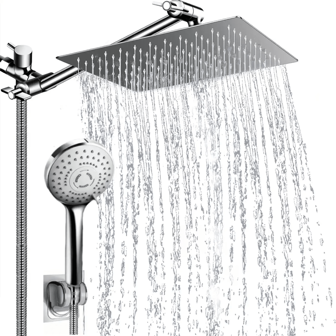 Shower Head Combo,8 Inch High Pressure Rain Shower Head With 11 Inch Adjustable Extension Arm And 5 Settings Handheld Shower Head Combo,Powerful Shower Spray Against Low Pressure Water With Long Hose Home Bathroom Decor Summer Bathroom Accessories
