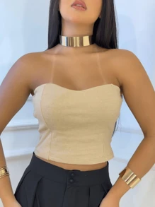 Cropped Feminino Strapless - 米色 - 查看 1