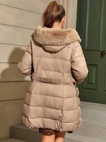 Giolshon Women's Fashion Faux Fur Trimmed Long Thick Coat With Hood - Luxurious Slim Fit Winter Overcoat - Apricot - View 3