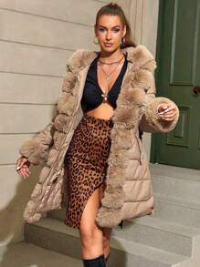 Giolshon Women's Fashion Faux Fur Trimmed Long Thick Coat With Hood - Luxurious Slim Fit Winter Overcoat - Apricot - View 4