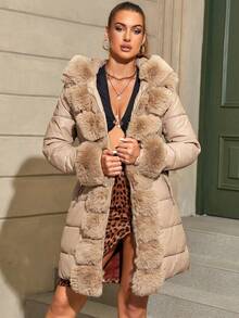Giolshon Women's Fashion Faux Fur Trimmed Long Thick Coat With Hood - Luxurious Slim Fit Winter Overcoat - Apricot - View 6