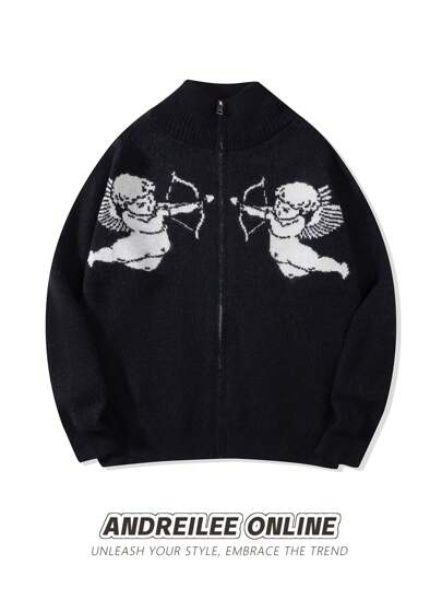 ANDREILEE ANDREILEE Nouvelle arrivée printemps, automne, hiver Style de rue mode minimaliste homme Veste pull à col montant manches longues avec motif graphique ange cupidon jacquard. Unisexe col montant zippé décontracté ample pull cardigan