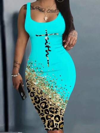 Elegant Sleeveless Bodycon Dress With Letter Hot Stamping Print For Spring/Summer