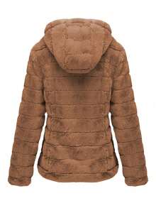 Risissida 女式人造毛皮连帽口袋大衣——秋冬完美之选 - 卡其色 - 查看 3