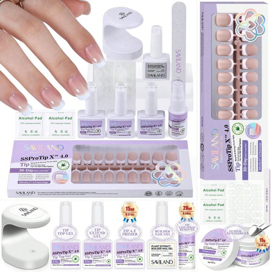 SAVILAND French Gel Nail Kit: Long-Lasting Extra Short Square Press On Nails For Women Thick & Perfect Nude French Gels Tips Chip-Free Sturdy-Fit Solid Nail Glue Gel U V/LED Lamp Nail Supplies - 超短方形法式指甲按壓套件 - 查看 1