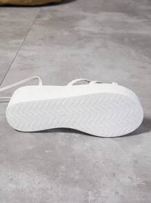 女士白色时尚编织带坡跟厚底防水系带凉鞋 - 白色 - 查看 7