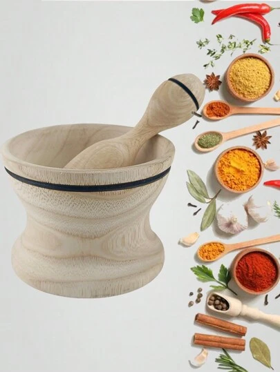 Mortero y Mano Artesanal de Madera Mediano, trituradora de pimienta y especias, molinillo de hierbas portátil, superficie lisa. Detalles de fabricación artesanal.