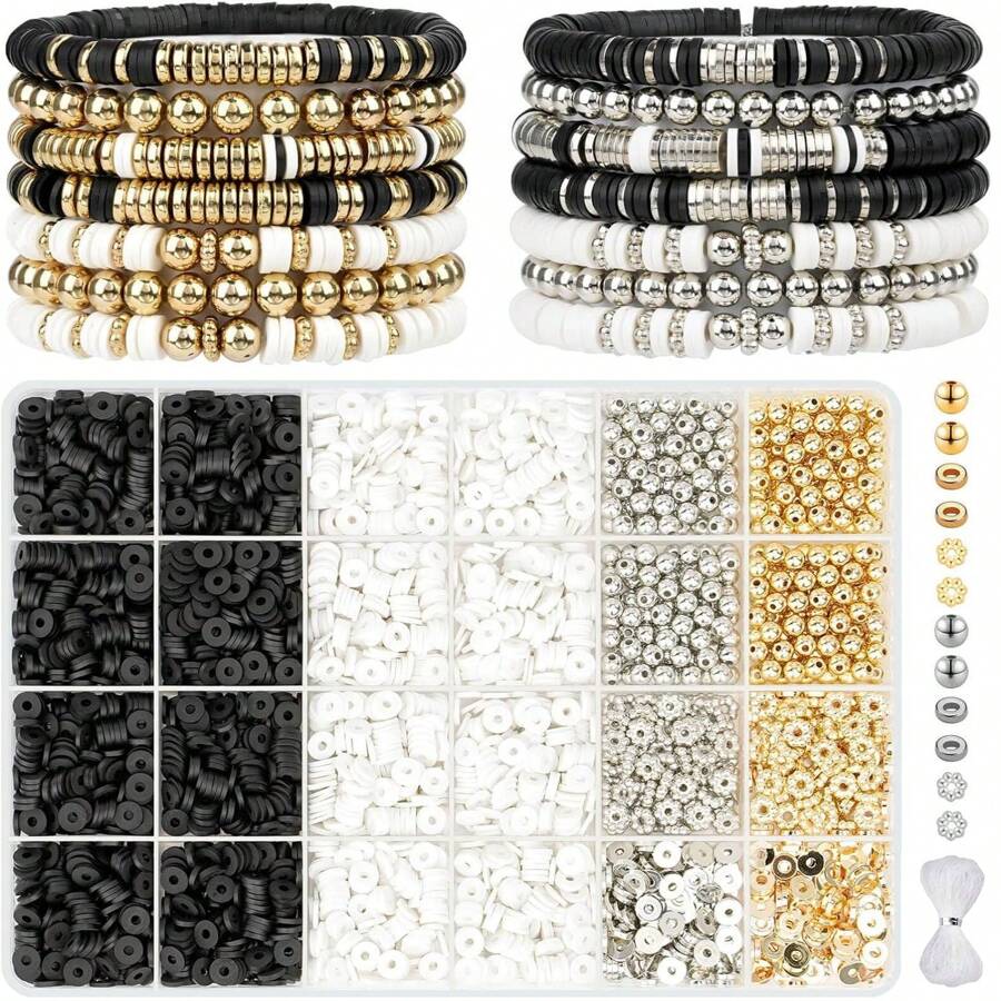 2680 Pieces Of DIY Clay Bead Bracelet Making Set, Black And White Polymer Clay Bead Flat Beads, DIY Friendship Bracelet Jewelry Making Set