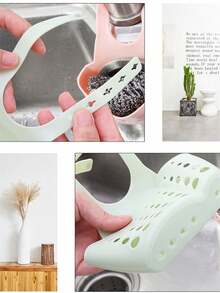 1 pieza Organizador de cocina, soporte de esponja para fregadero ajustable con broche, cesta colgante para drenaje en la cocina, utensilio de cocina - Verde militar - Ver 5