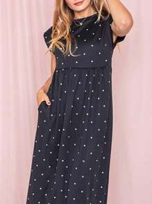 Boho Retro Polka Dot Rayon Mix Casual  Maxi Dress With Folded Cap Sleeve Side Pockets Versatile Summer Dress For Women - 黑色 - 查看 3