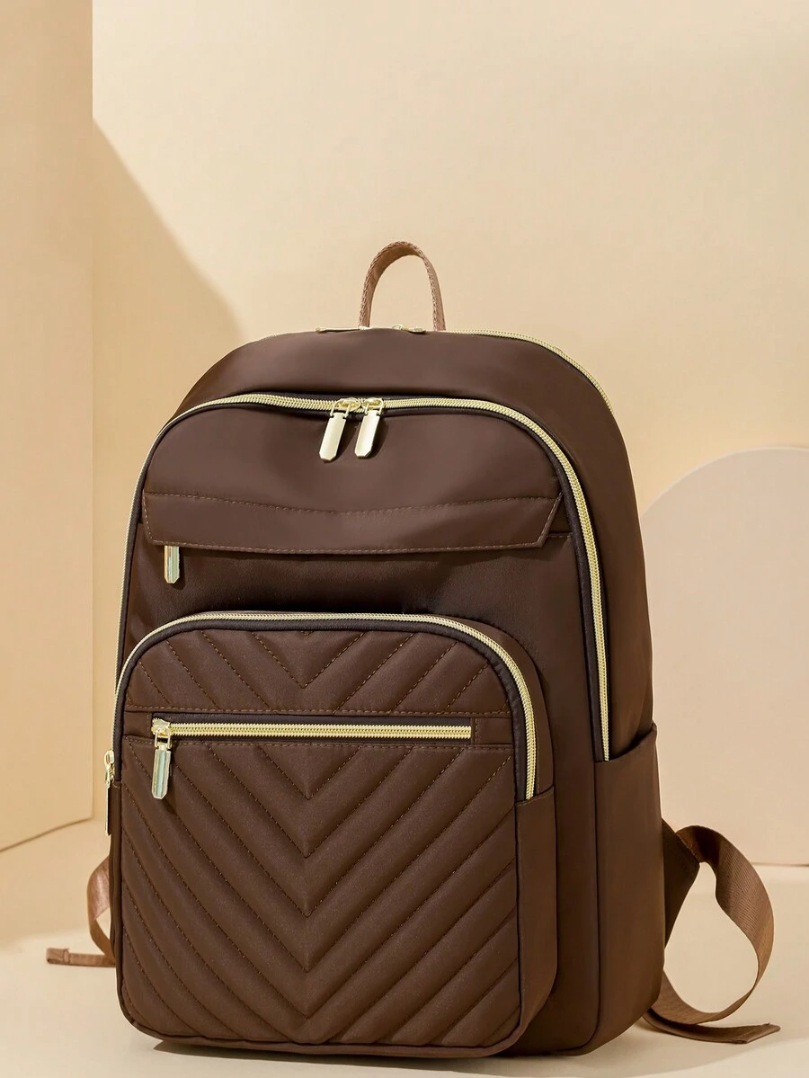 Women's Solid Versatile Large Capacity Backpack, Simple Casual School Student Commuter Bag - Brown - View 1