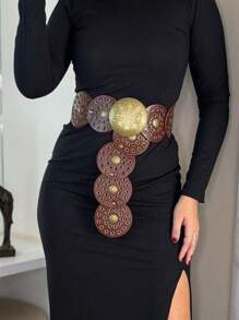 1 Piece Boho Multicolor Metallic Pu Belt For Women With Bronze Buckle And Leopard Pattern Design, Fashion And Popular Sport Gift For Girlfriend, Vintage Clothing Accessory, New Belt Style For Dressing, Christmas, Weddings, Parties And Daily Wear - 紅咖啡 - 查看 1
