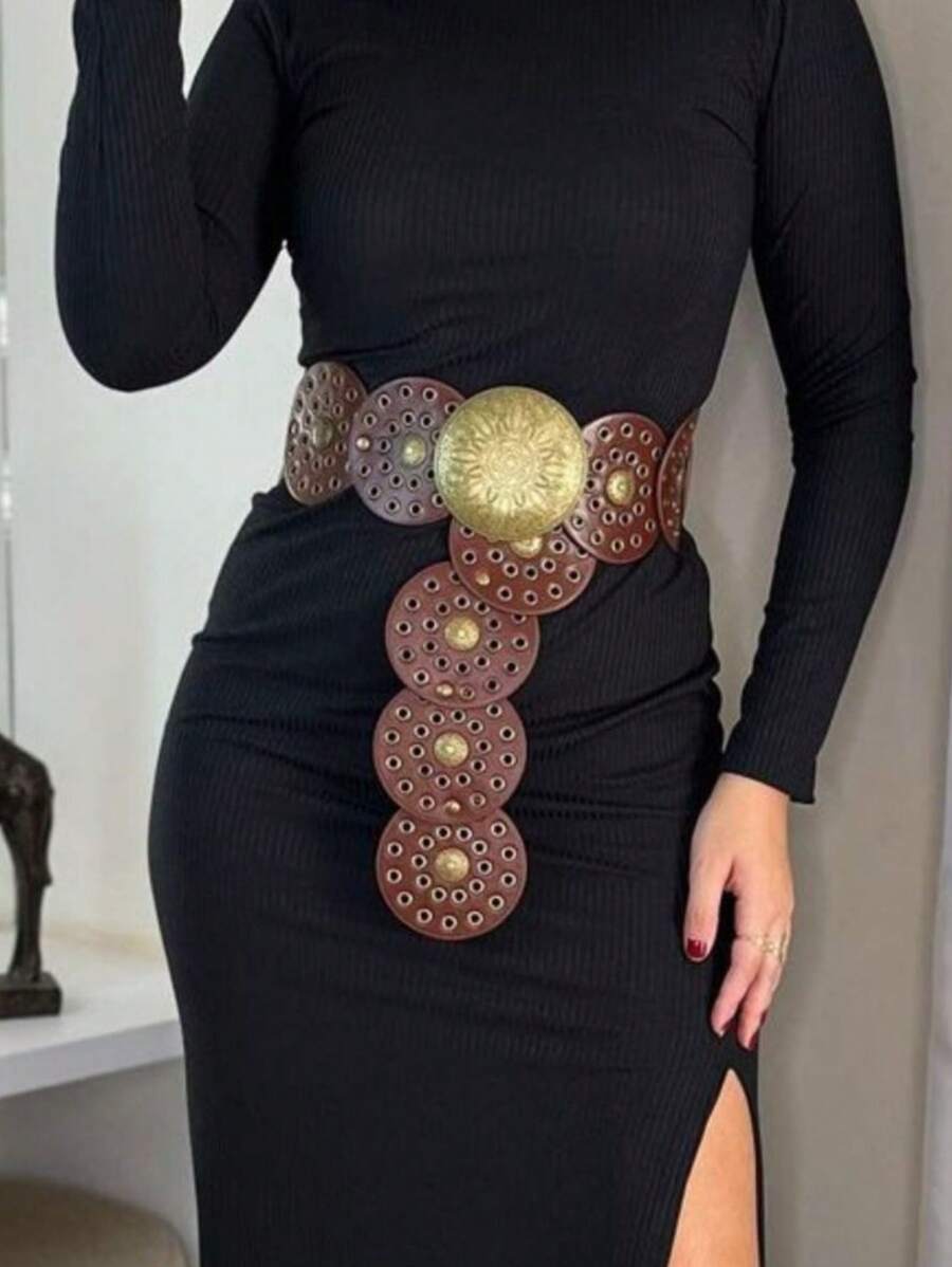 1 Piece Boho Multicolor Metallic Pu Belt For Women With Bronze Buckle And Leopard Pattern Design, Fashion And Popular Sport Gift For Girlfriend, Vintage Clothing Accessory, New Belt Style For Dressing, Christmas, Weddings, Parties And Daily Wear - 紅咖啡 - 查看 1