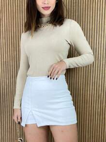 WOMEN'S LONG SLEEVE HIGH NECK SIMPLE BLOUSE - Khaki - View 2