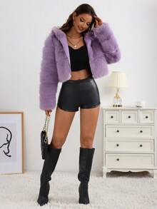 Abrigo Peludo Corta Para Mujer Con Cremallera Con Capucha,Cálido Y De Moda Para Otoño E Invierno - Morado - Ver 6