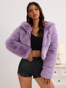 Abrigo Peludo Corta Para Mujer Con Cremallera Con Capucha,Cálido Y De Moda Para Otoño E Invierno - Morado - Ver 5