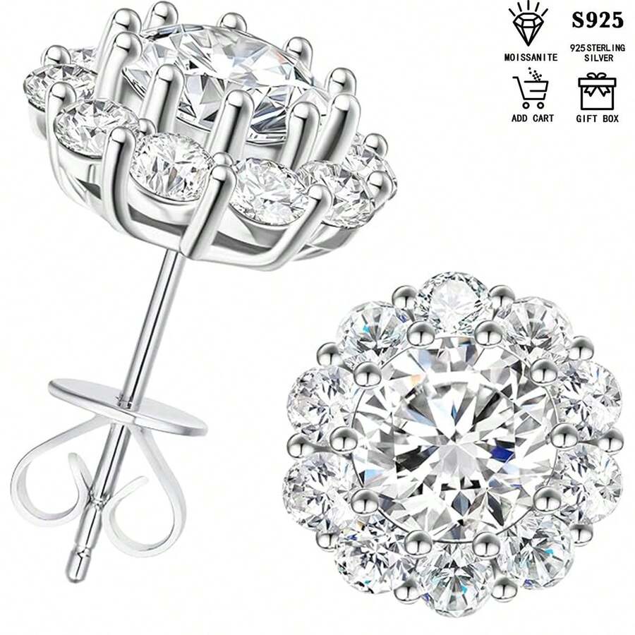 Hoa hướng dương bằng bạc Sterling 925 Moissanite 1ct + 1ct, màu D VVS1 kèm giấy chứng nhận, dùng hàng ngày cho ngày lễ tình nhân - Bông tai Moissanite - Xem 1