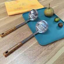 Juego de utensilios de cocina de acero inoxidable con mango de grano de madera simple para el hogar, incluye espátula, cacerola, paleta, colador, almohadilla resistente al calor, cocina, regalo de Navidad - Multicolor - Ver 8