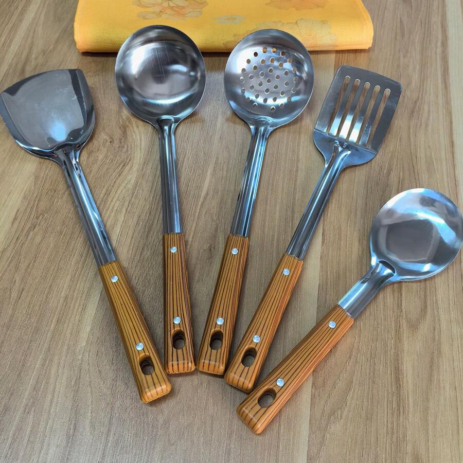 Juego de utensilios de cocina de acero inoxidable con mango de grano de madera simple para el hogar, incluye espátula, cacerola, paleta, colador, almohadilla resistente al calor, cocina, regalo de Navidad - Multicolor - Ver 1