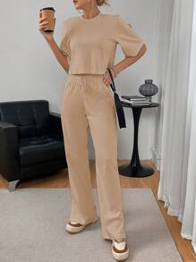 ADD WOMEN'S FASHION - G0880 Women's Sweatshirt Set, 2 Pieces, T-Shirt, High Waist Pants, Elastic Waist, Warm, Winter Collection National Shipping SHE(IN) Discounts - 米色 - 查看 3