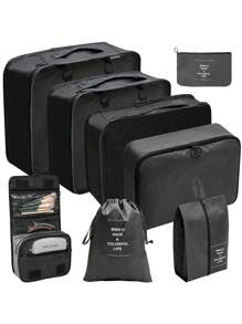 8 件/套涤纶旅行，极简主义黑色口号图形旅行背包，适合旅行、化妆、化妆品、度假收纳袋、大容量化妆品收纳袋化妆盒，适用于口红、刷子、护肤品、手机、硬币、小物品，适用于家庭、礼物、度假和节日万圣节圣诞节多功能用途 - 黑色 - 查看 4