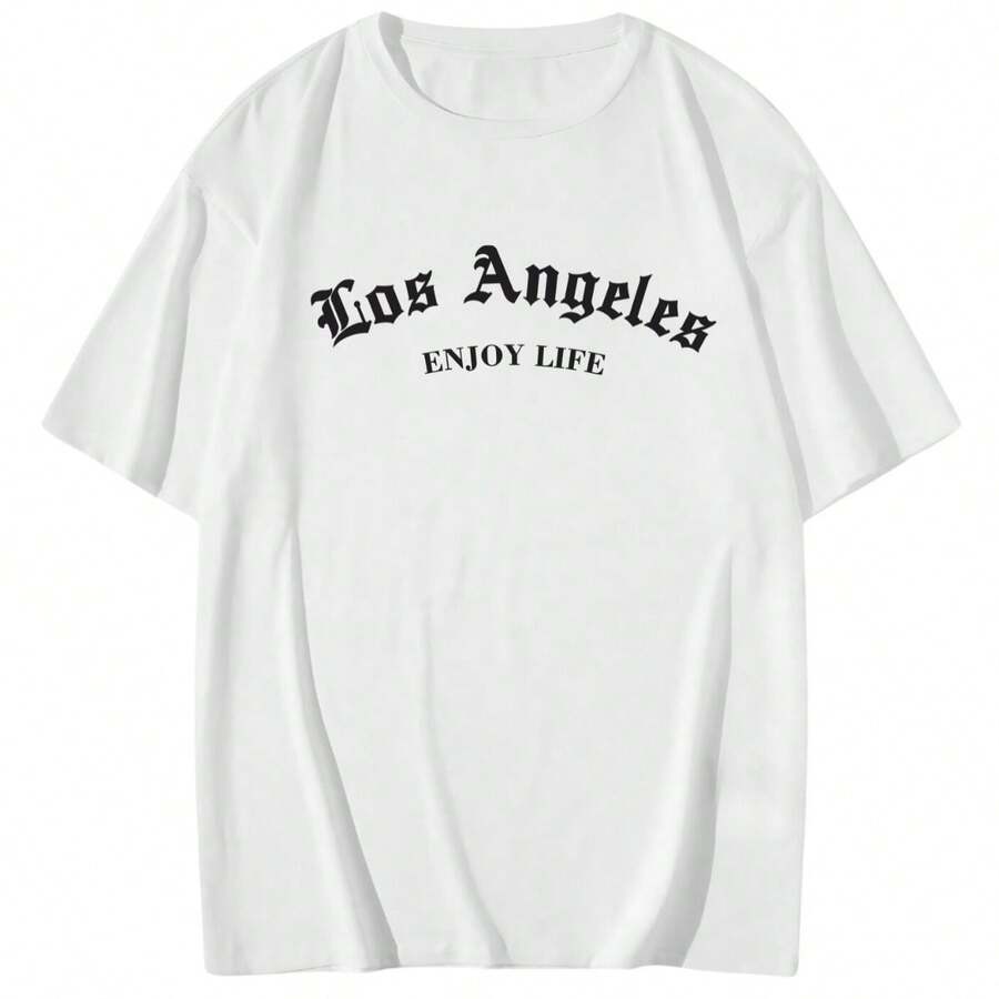Men's Oversized Los Angeles Crew Neck T-Shirt Cotton Streetwear Street Style Fashion 2024 New Arrival - trắng - Xem 1