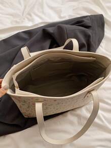 新款时尚经典百搭PU纯色大容量单肩手提包，甜美假日花卉图案装饰设计，女士优雅钱包，商务通勤包，适合旅行、购物、通勤、外出和返校季 - 白色 - 查看 7