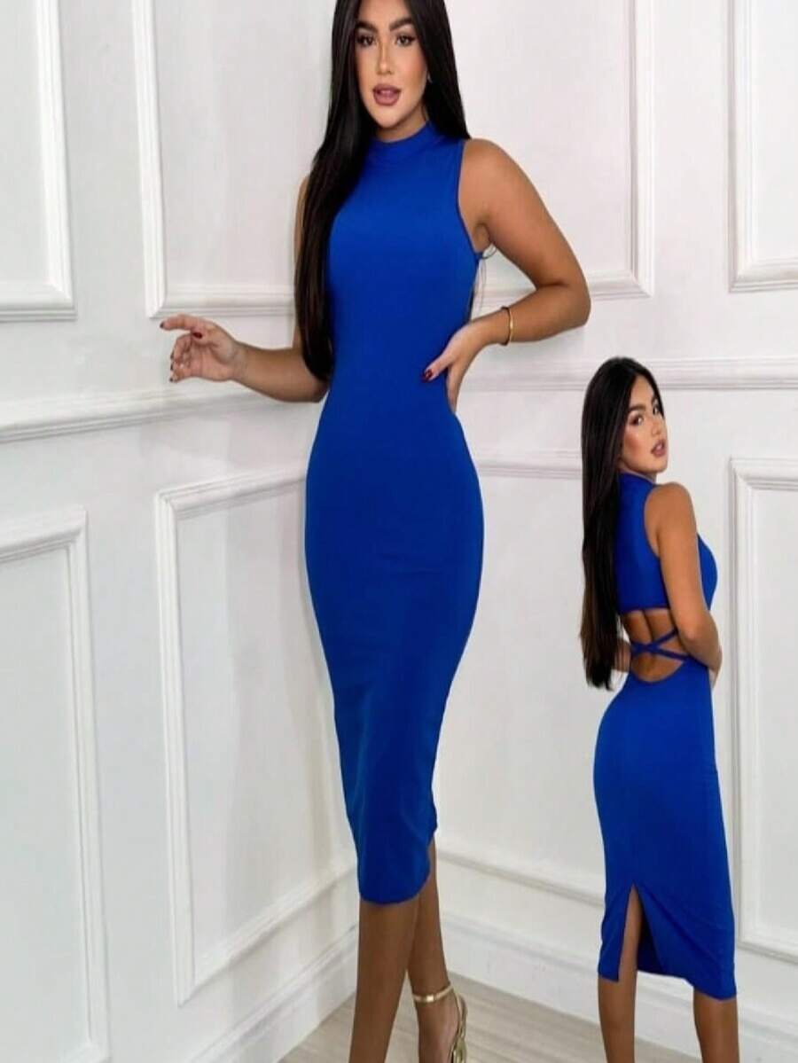 Malu High Neck Midi Dress With Hollow Out Ribbed Knit Back - 藍色 - 查看 1
