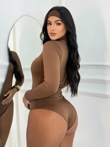 Women's Bodysuit Second Skin Leotard Long Sleeve High Neck Suplex - 巧克力棕 - 查看 3