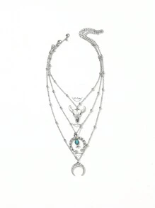 3pcs Turquoise Western Cowgirl Style Retro Bull Head Horseshoe Floral Pattern Cactus Minimalist Chain Necklace Set (Bead Chains Cut To Length, Not By Bead Count)