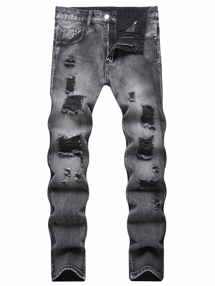 European And American Style Men's Distressed Slim Fit Straight Leg Jeans - Black - View 1