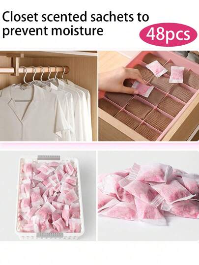 48pcs Moisture Absorber Bags With Rose Fragrance For Dehumidifying And Purifying Air, Eliminating Odor, Suitable For Closets, Shoe Cabinets, Bathrooms, Kitchens, Cars, Basements, Etc.