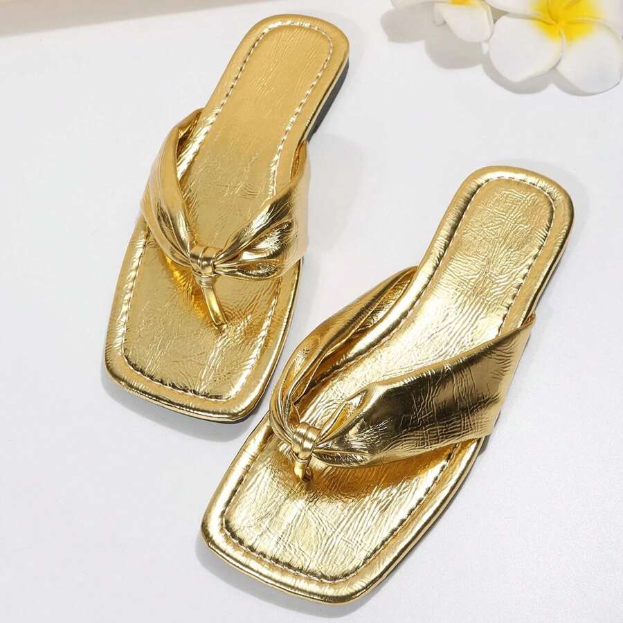 Stylish Women's Ruched Strap Flat Sandals - Open-Toe Beach Slippers With Chic Square Toe Design - Perfect For Outdoor Activities And Flip Flop Lovers! - Vàng - Xem 1