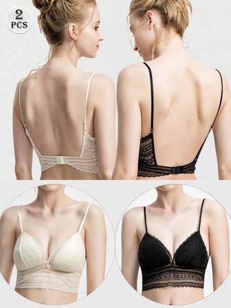 2pcs Set Black + Ivory Lace Wireless French Triangle Bra Sexy Open Back Invisible Bra, Lingerie