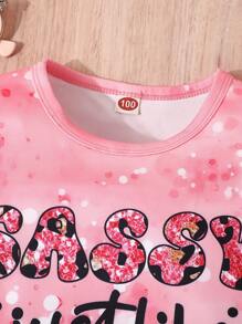 2 件套年轻女孩休闲字母豹纹亮片短袖 T 恤和喇叭裤夏季服装 - 粉色 - 查看 3