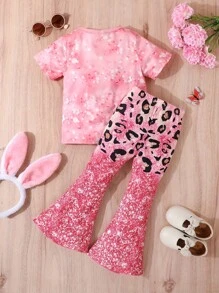 2 件套年轻女孩休闲字母豹纹亮片短袖 T 恤和喇叭裤夏季服装 - 粉色 - 查看 2