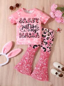 2 件套年轻女孩休闲字母豹纹亮片短袖 T 恤和喇叭裤夏季服装 - 粉色 - 查看 1