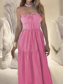 Women's Solid Color Spaghetti Strap Backless A-Line Vacation Dress, Summer - Pink - View 4