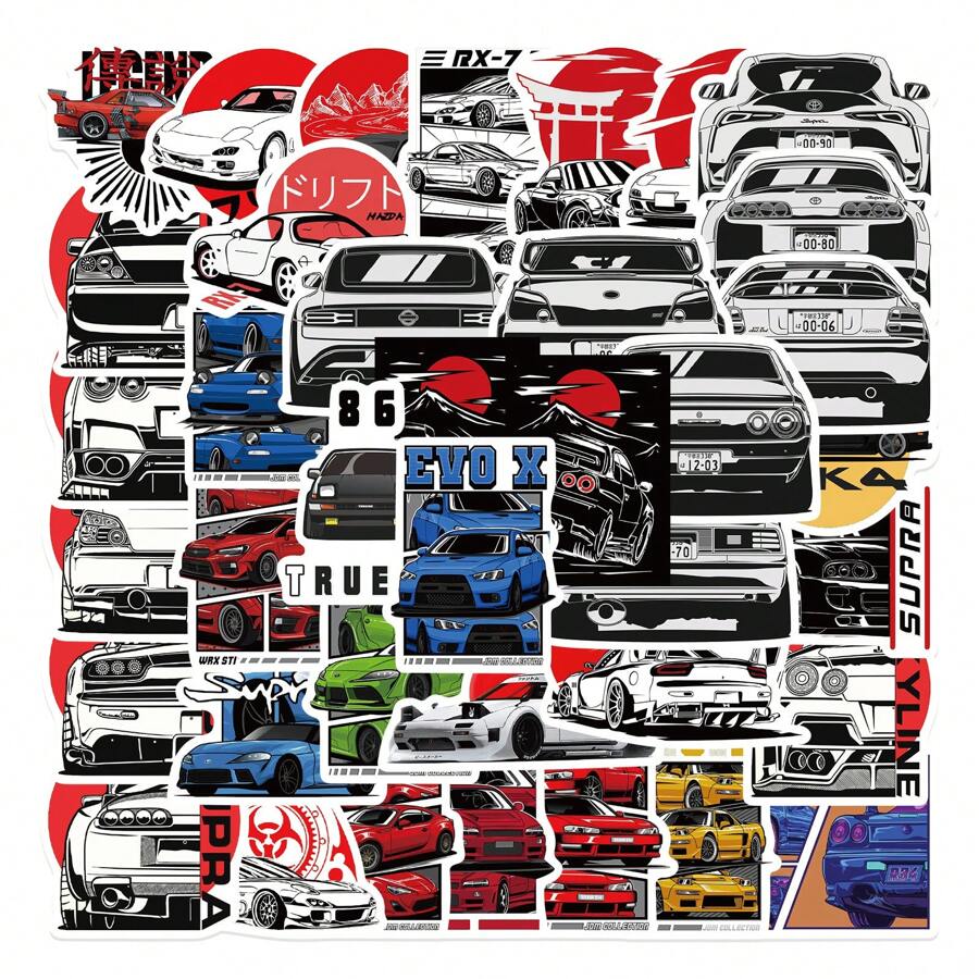 50 JDM Japanese Modified Racing Fashion Stickers For Customizing DIY Such As Water Bottles, Laptops, Guitars, And Skateboards - Easy To Peel Off, Detachable, And Reusable - Adding Color To Your Items Back To School
