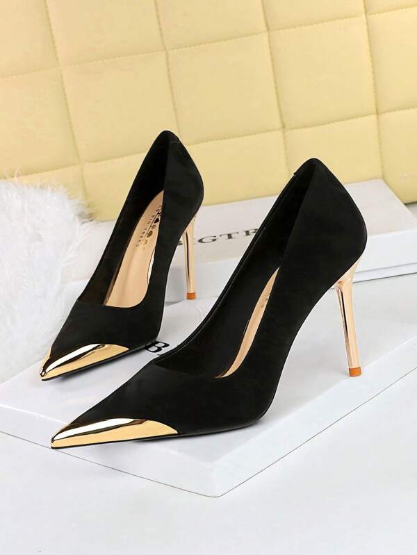 Scarpe con tacco alto da donna in stile cinese, con punta appuntita, rivestimento in metallo e tomaia bassa, scarpe con tacco per festa